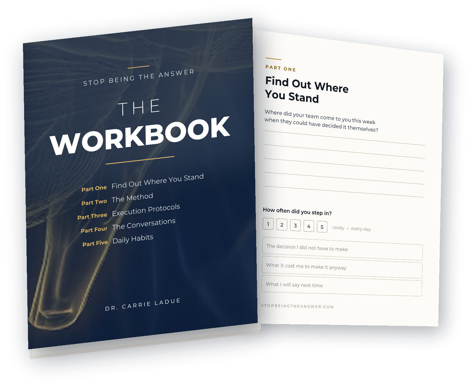The Stop Being the Answer workbook: a cover page listing the five parts, with the Part One worksheet behind it